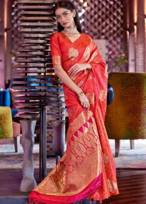 Brink Pink Satin Silk Saree with overall Golden Butti