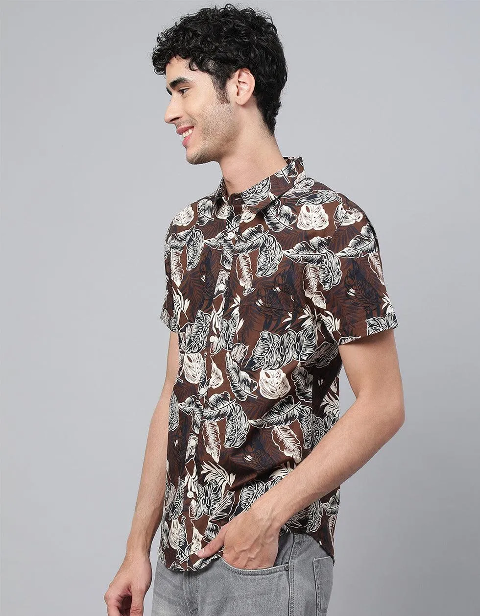 Brown Floral Printed Casual Shirt