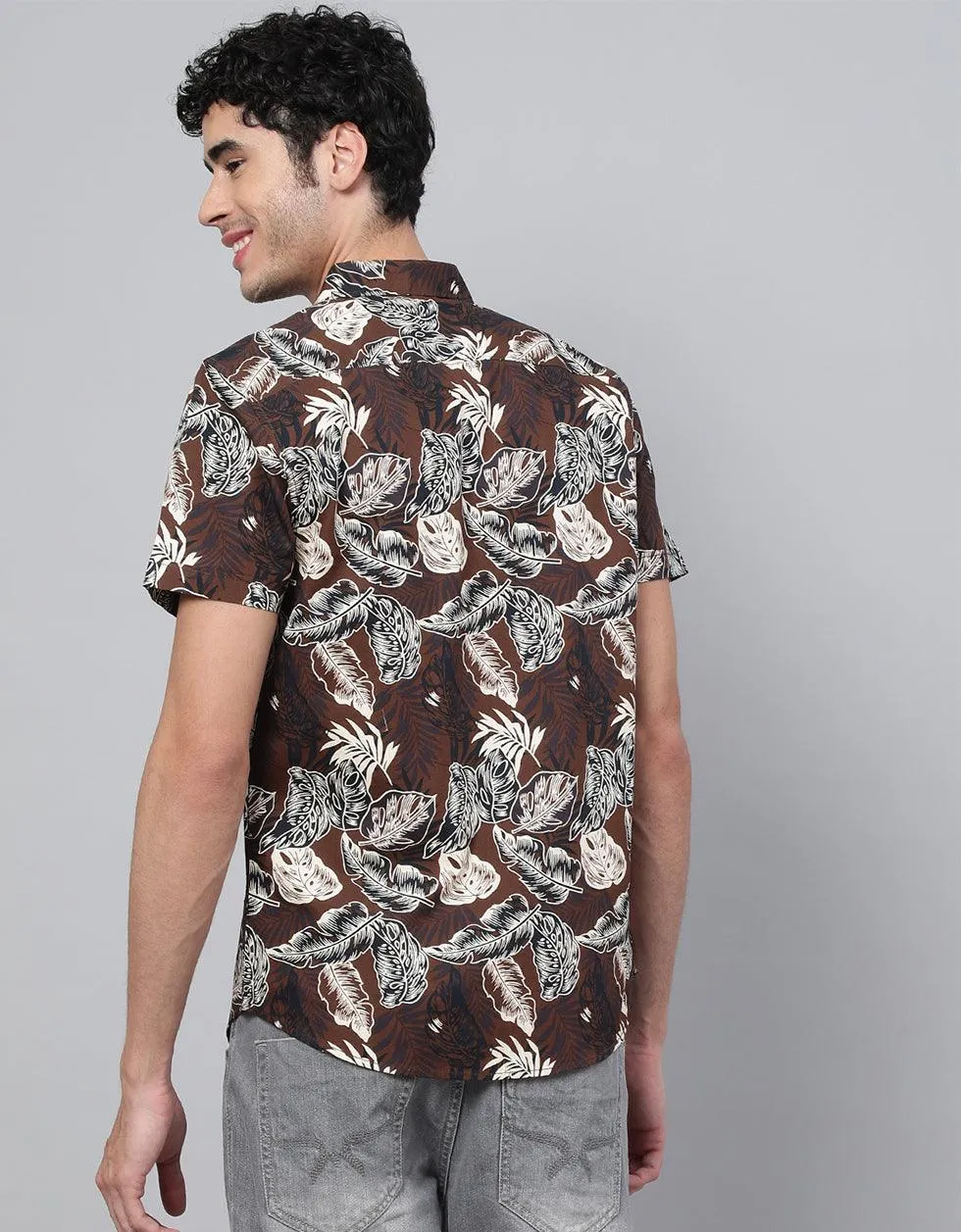 Brown Floral Printed Casual Shirt