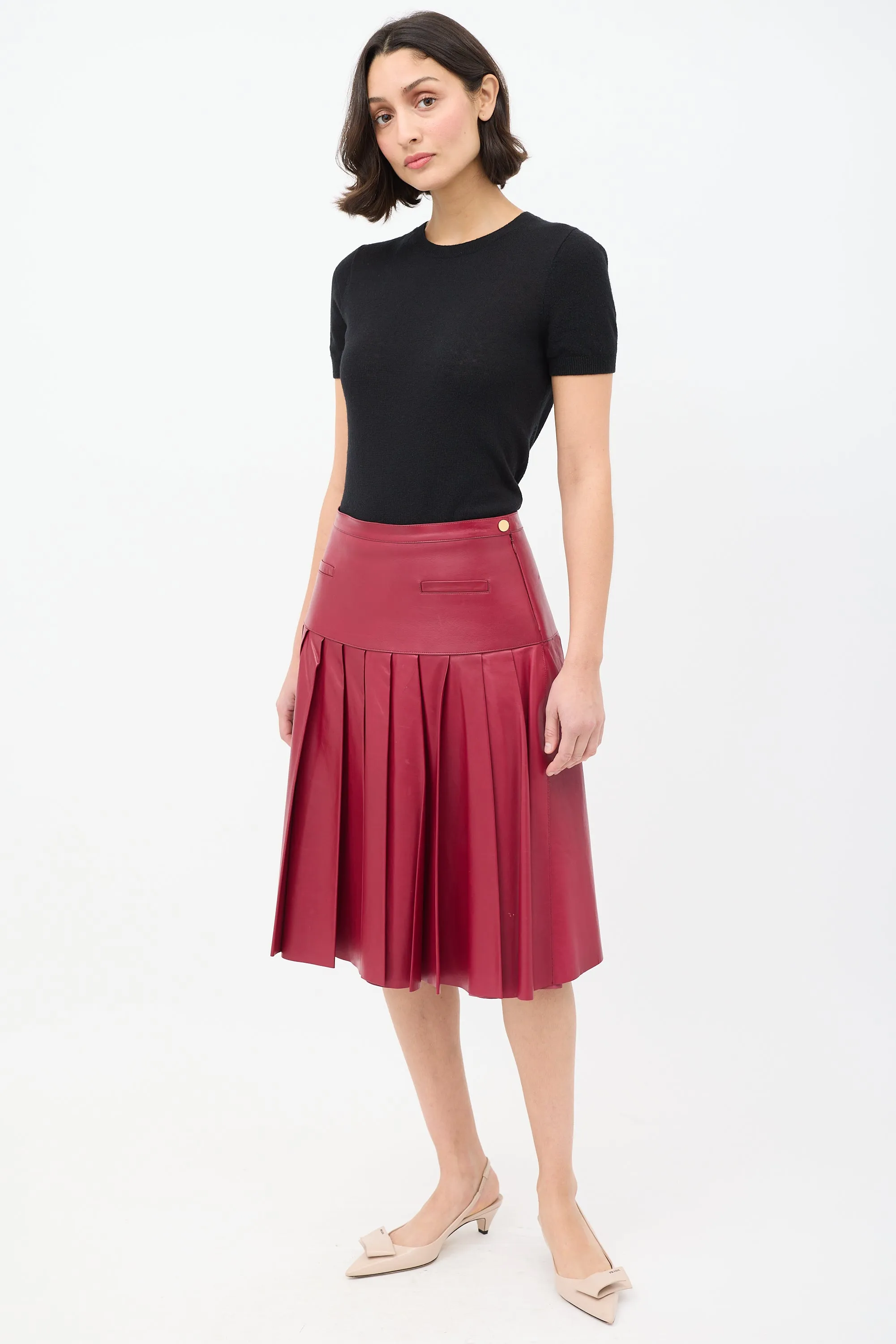 Burgundy Leather Pleated Drop Waist Midi Skirt