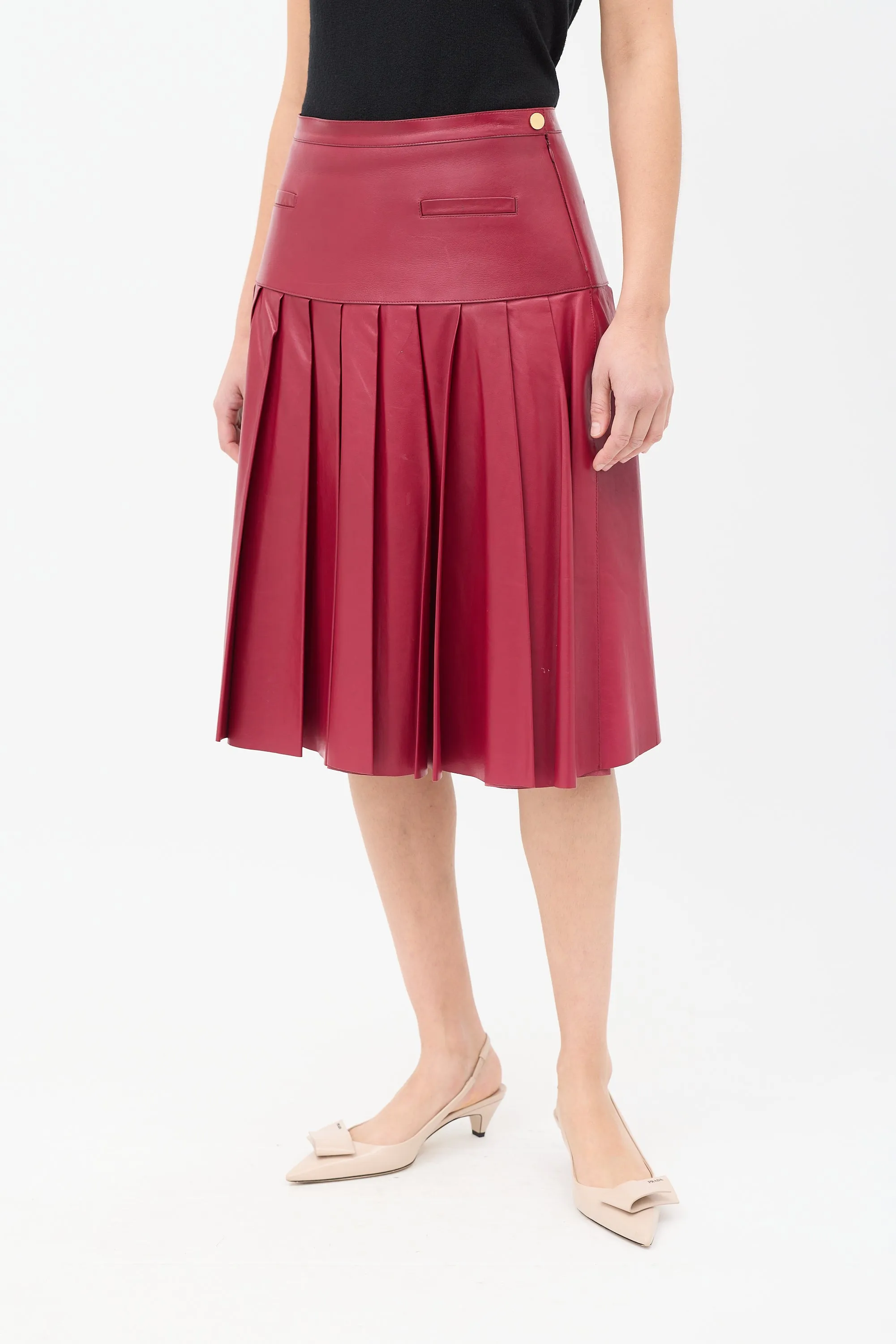 Burgundy Leather Pleated Drop Waist Midi Skirt