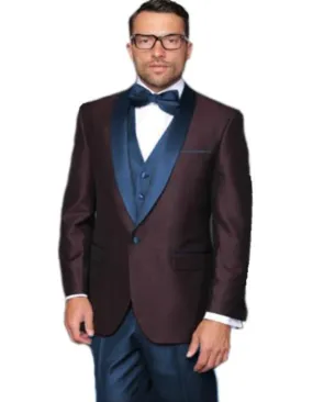 Burgundy ~ Plum And Dark Navy Blue Lapel Burgundy Suit Tuxedo Vested 3 Piece Suit Wedding / Prom / Party Suit