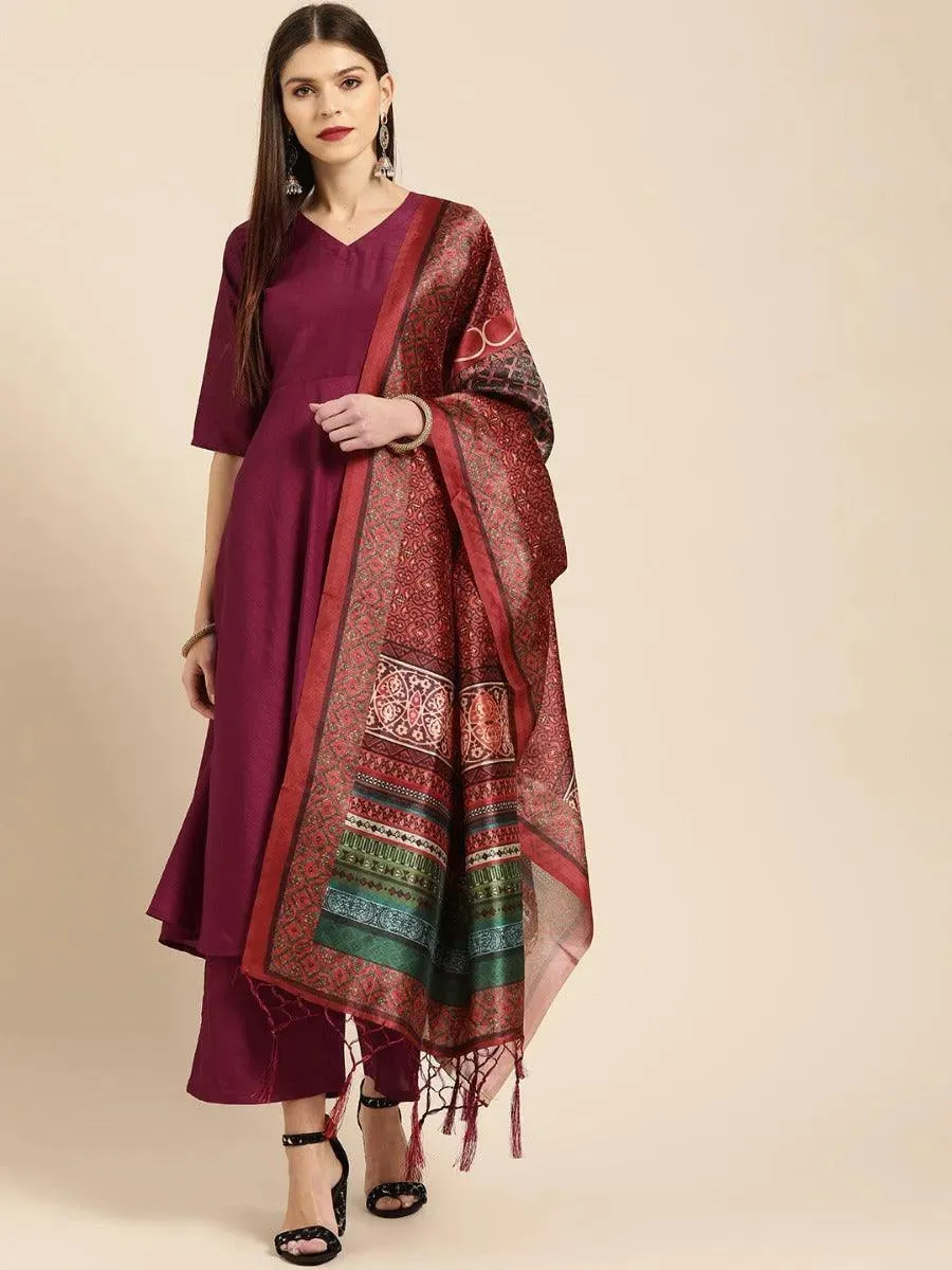 Burgundy Solid Silk A-Line Kurta With Palazzos & Dupatta