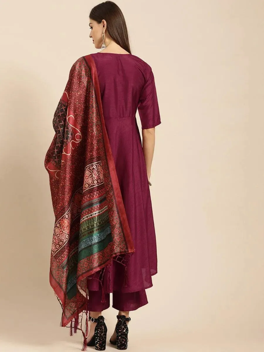 Burgundy Solid Silk A-Line Kurta With Palazzos & Dupatta