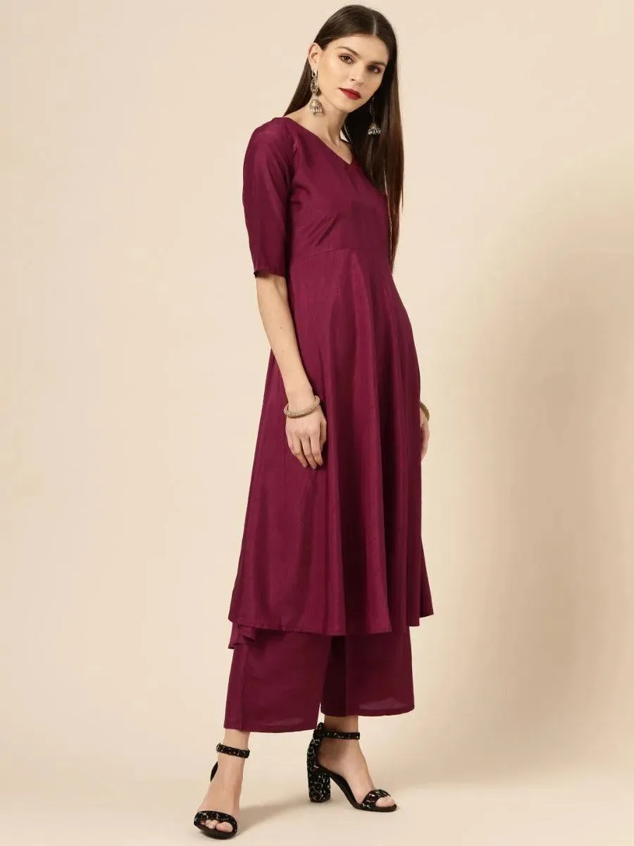 Burgundy Solid Silk A-Line Kurta With Palazzos & Dupatta