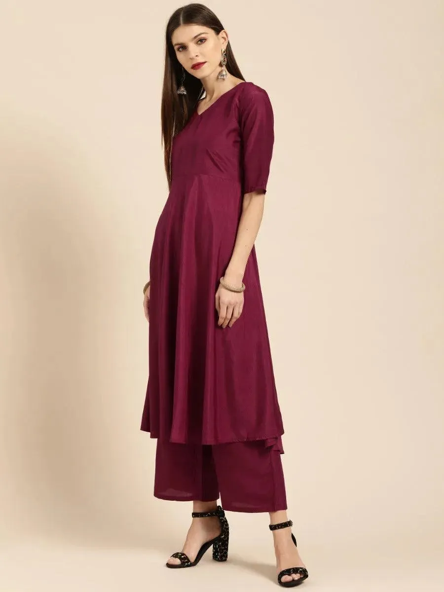 Burgundy Solid Silk A-Line Kurta With Palazzos & Dupatta