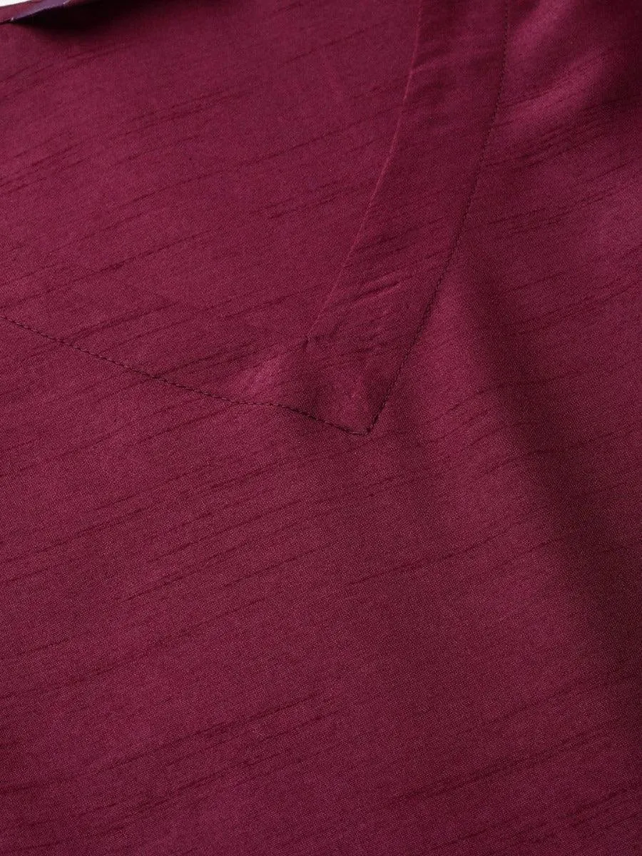 Burgundy Solid Silk A-Line Kurta With Palazzos & Dupatta