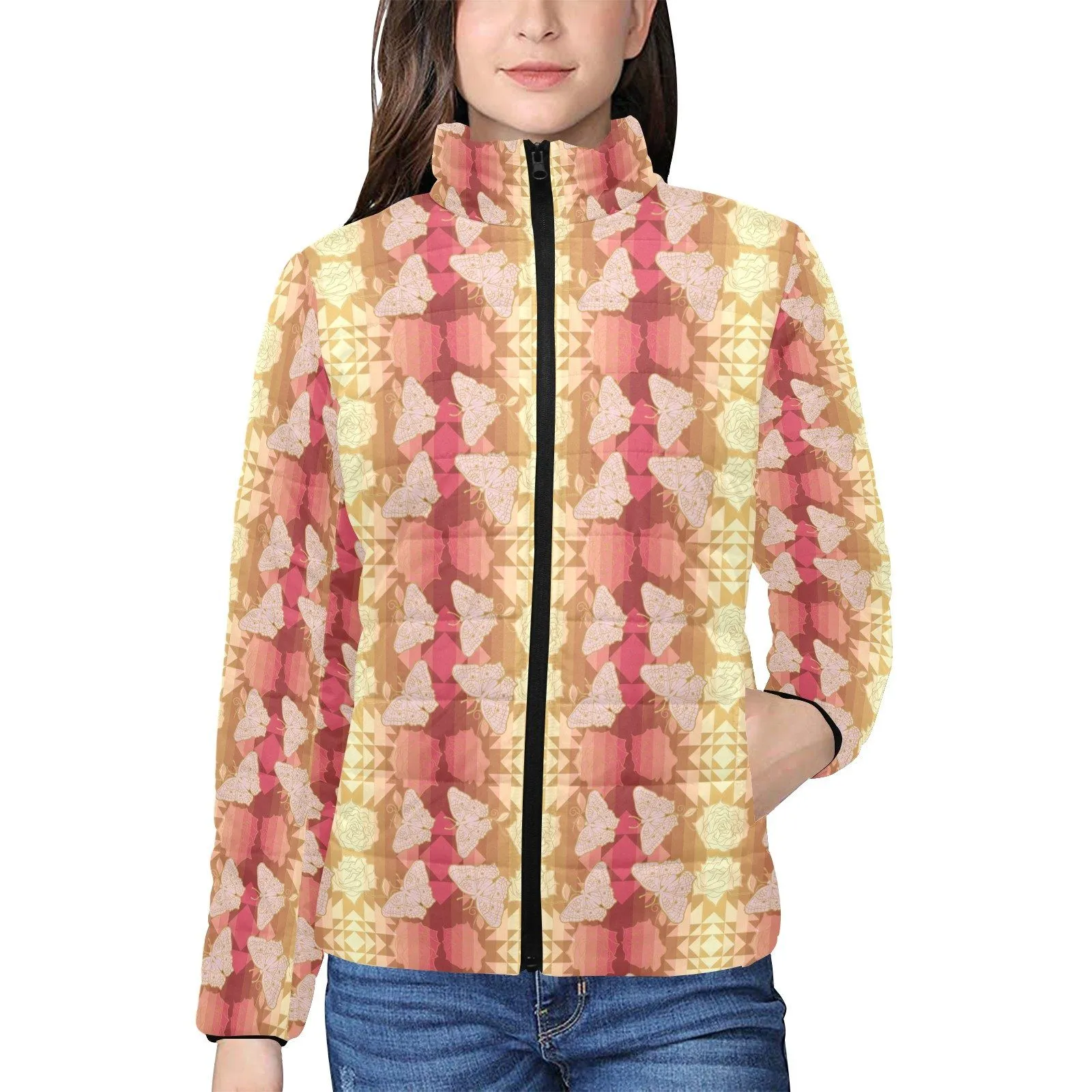 Butterfly and Roses on Geometric Women's Stand Collar Padded Jacket