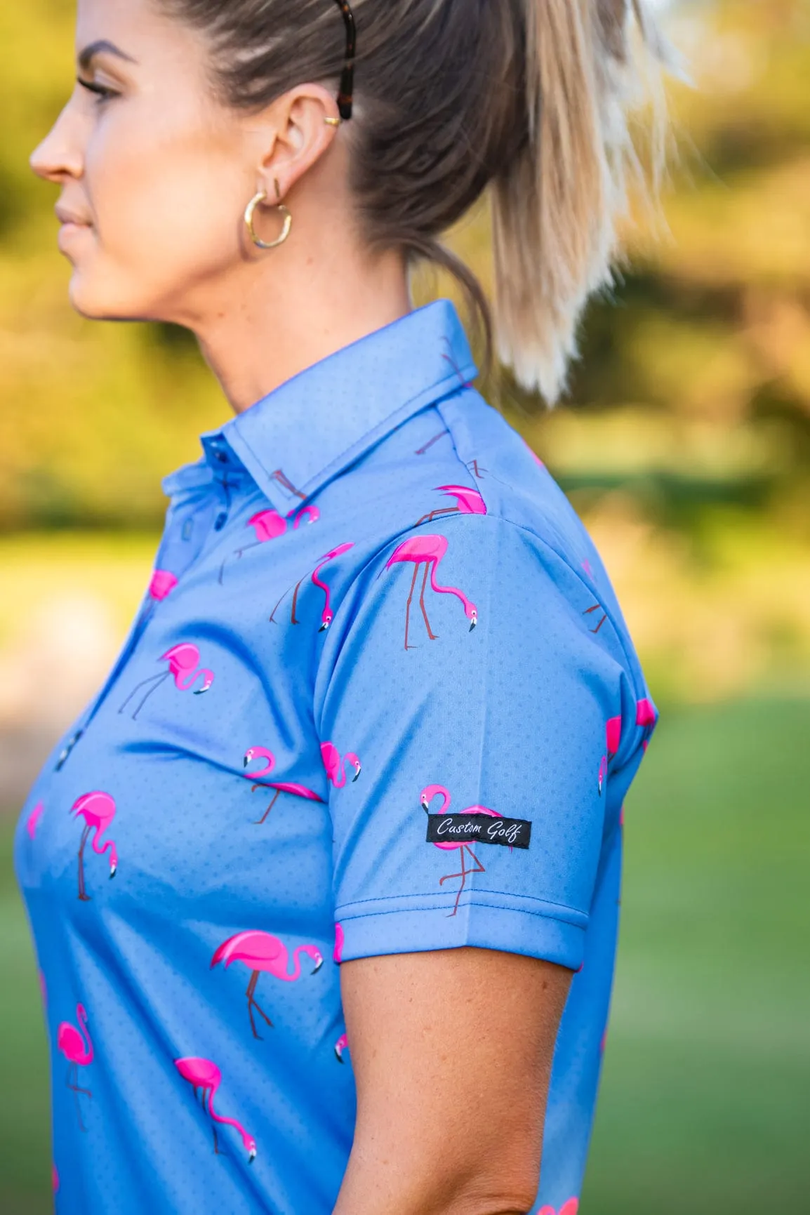 CA Ladies Funky Golf Shirt | Blue-Dotted Flamingo