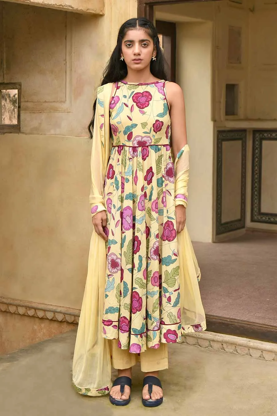 Canary Yellow Floral Print Kurta Set