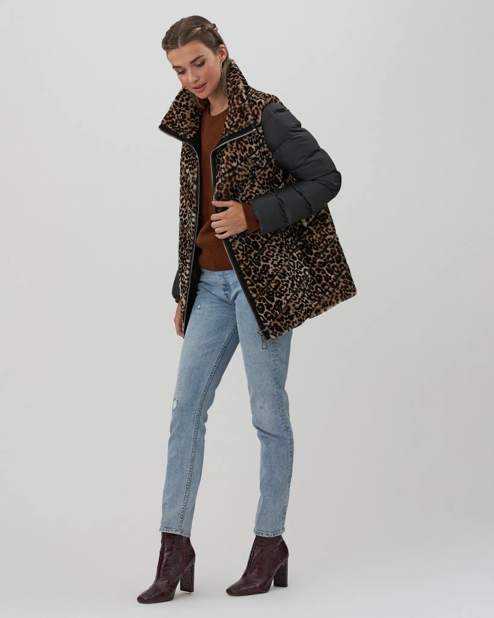 Chevron Shearling Lamb Jacket with Detachable Quilted Sleeves