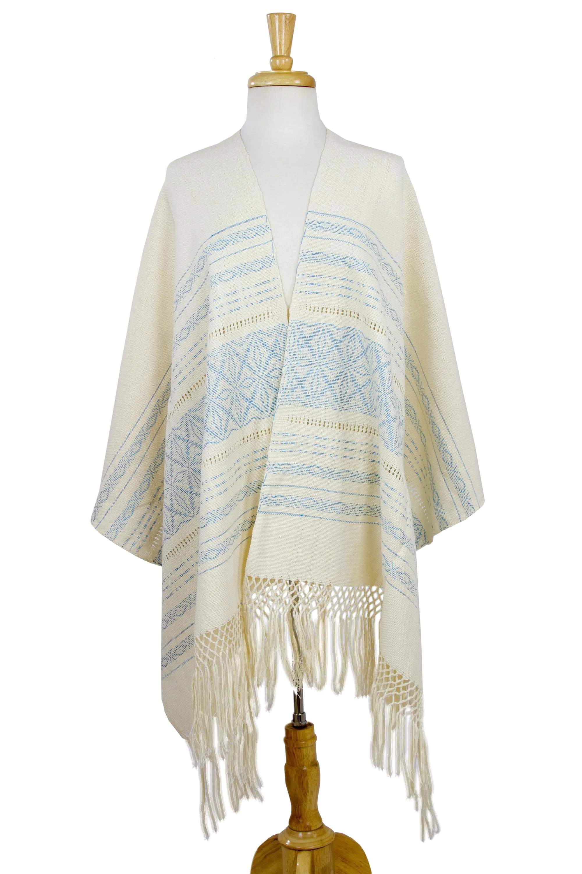 Creamy Cotton Handwoven Shawl with Light Blue Stars - Azure Stars of Teotitlan | NOVICA