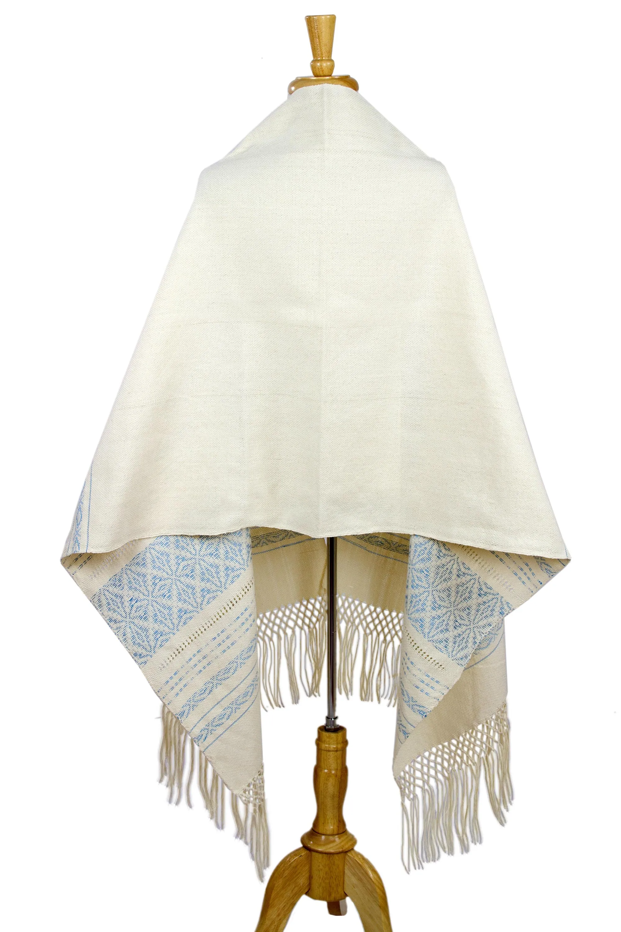 Creamy Cotton Handwoven Shawl with Light Blue Stars - Azure Stars of Teotitlan | NOVICA