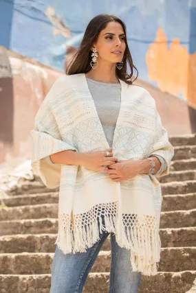 Creamy Cotton Handwoven Shawl with Light Blue Stars - Azure Stars of Teotitlan | NOVICA