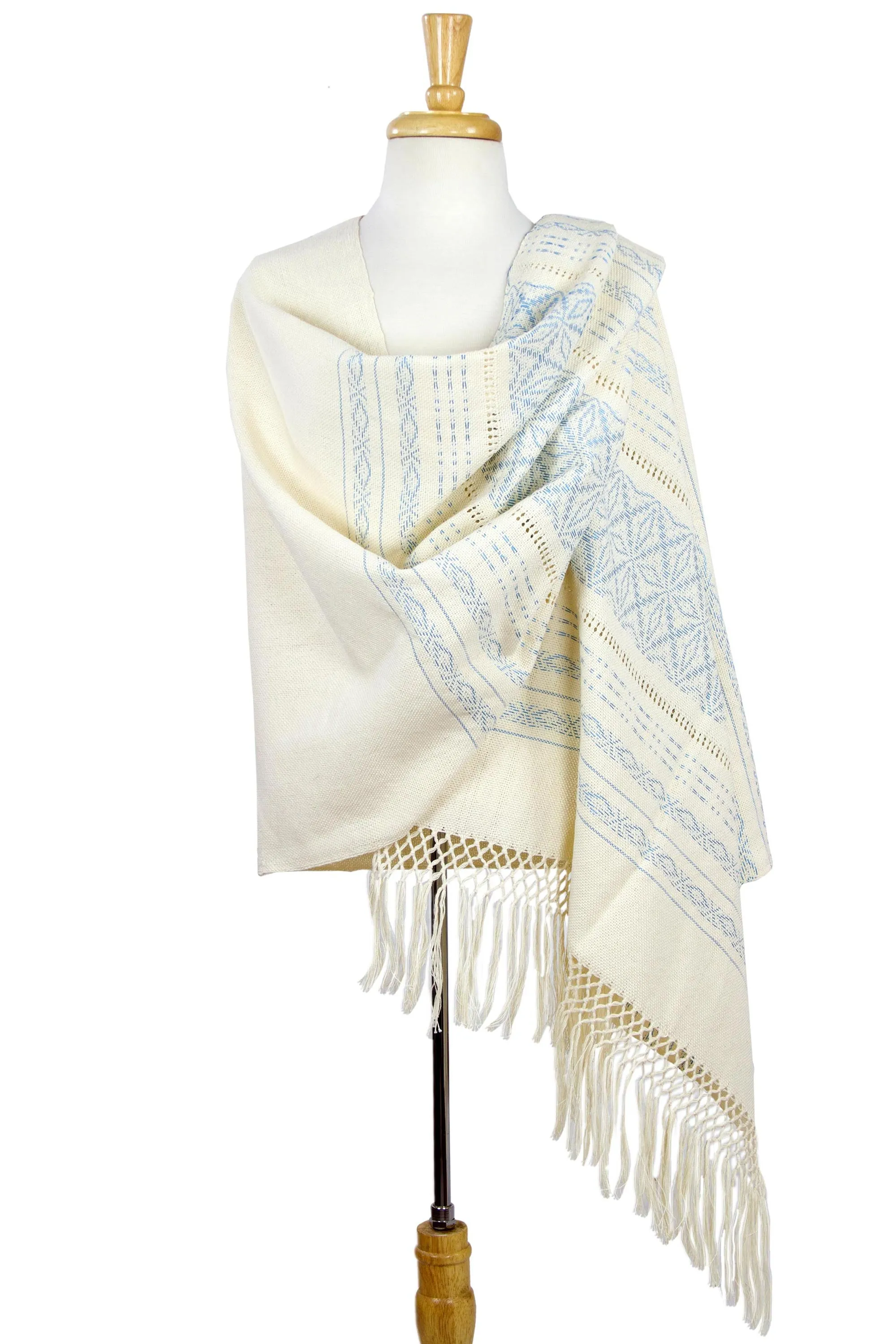 Creamy Cotton Handwoven Shawl with Light Blue Stars - Azure Stars of Teotitlan | NOVICA