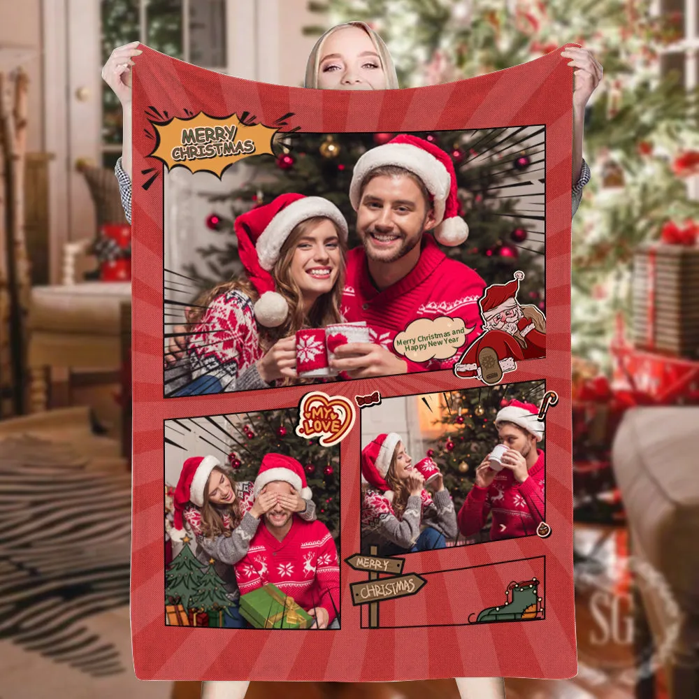 Custom 3 Photos Blankets Personalized Merry Christmas Blanket