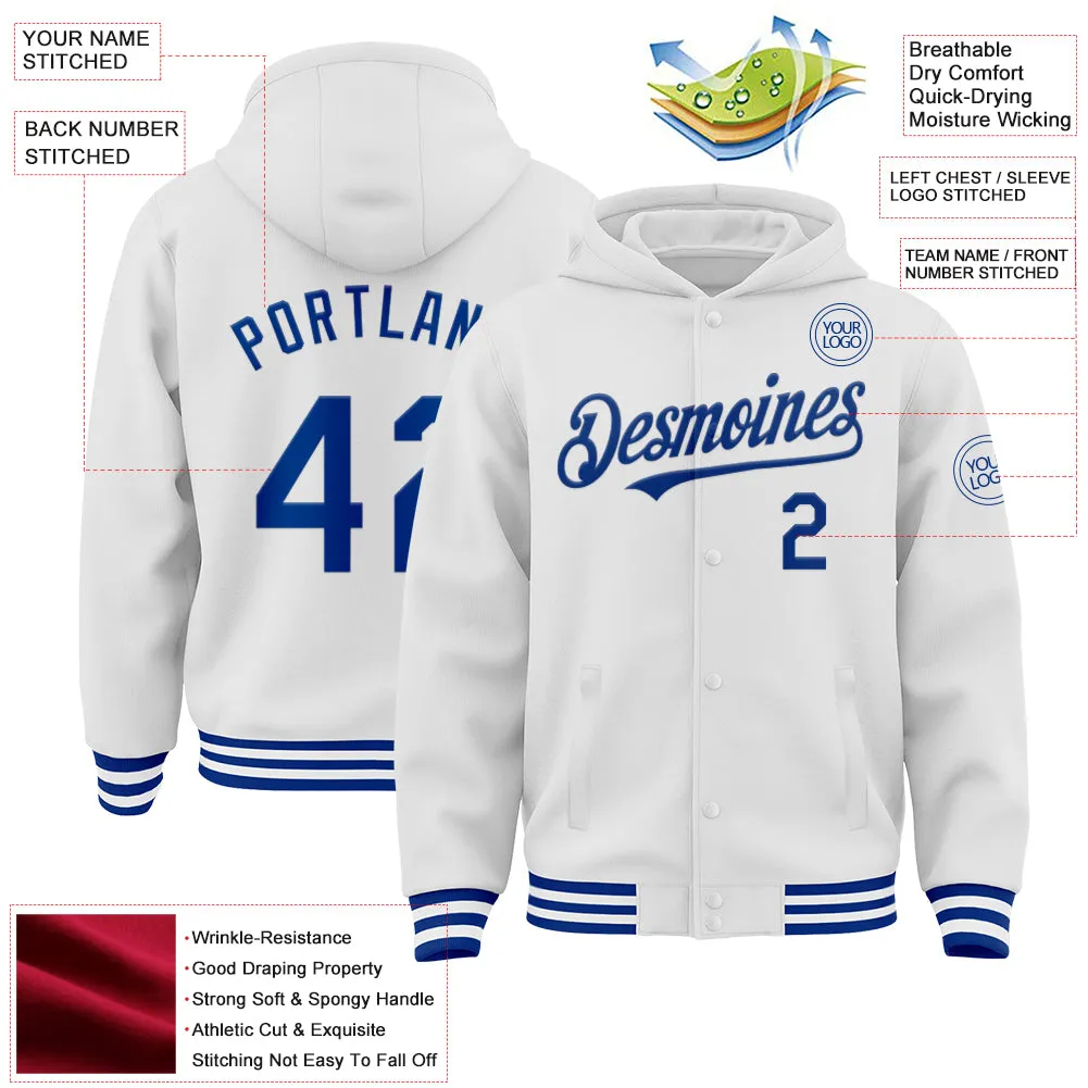 Custom White Royal Bomber Full-Snap Varsity Letterman Hoodie Jacket