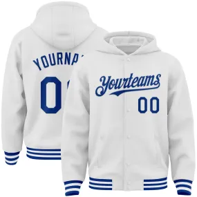 Custom White Royal Bomber Full-Snap Varsity Letterman Hoodie Jacket