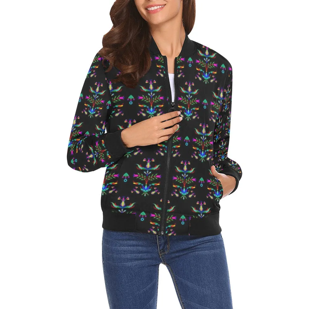 Dakota Damask Black All Over Print Bomber Jacket for Women