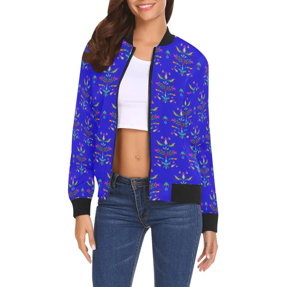 Dakota Damask Blue All Over Print Bomber Jacket for Women