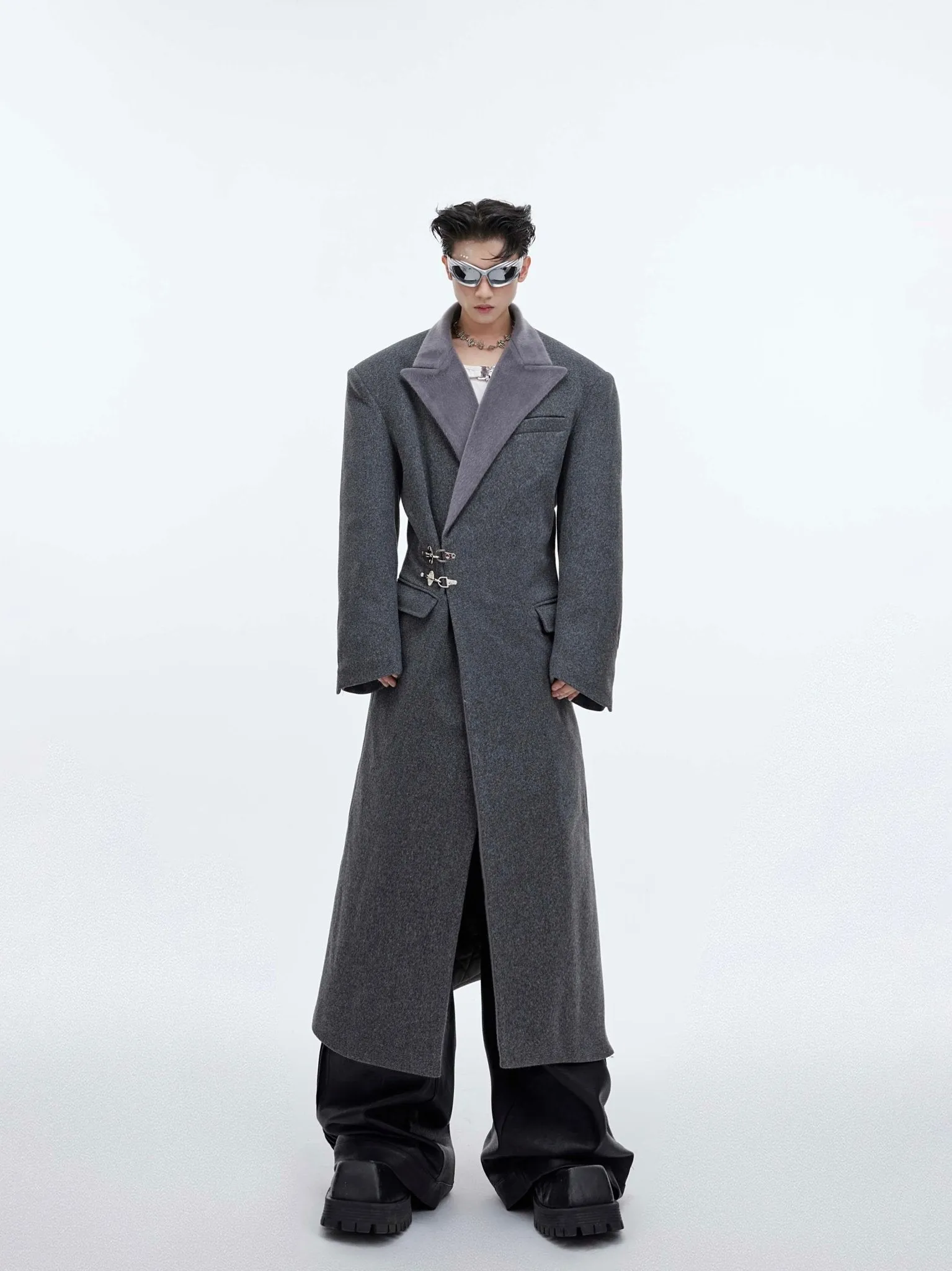 Deconstructed Cinched Woolen Coat | Metallic Buckle Long Overcoat