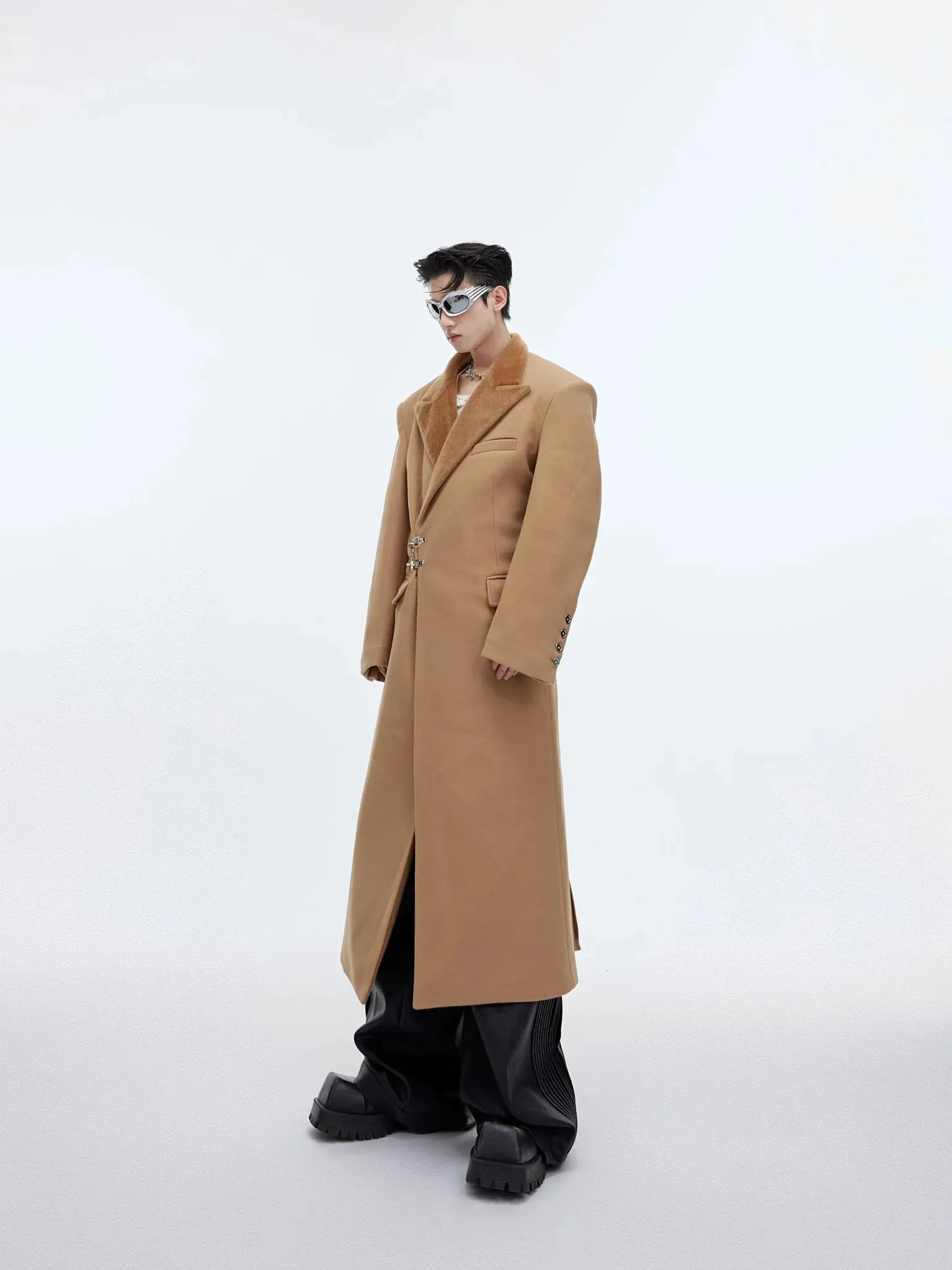 Deconstructed Cinched Woolen Coat | Metallic Buckle Long Overcoat