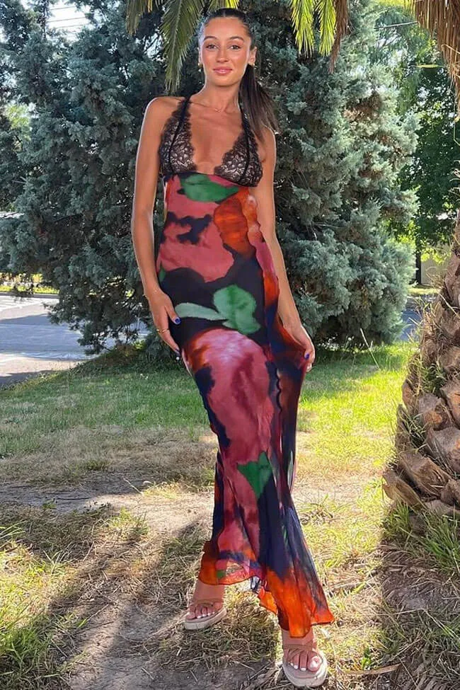 Deep V Printed Lace Chiffon Sheer Fishtail Slip Maxi Dress - Multicolor