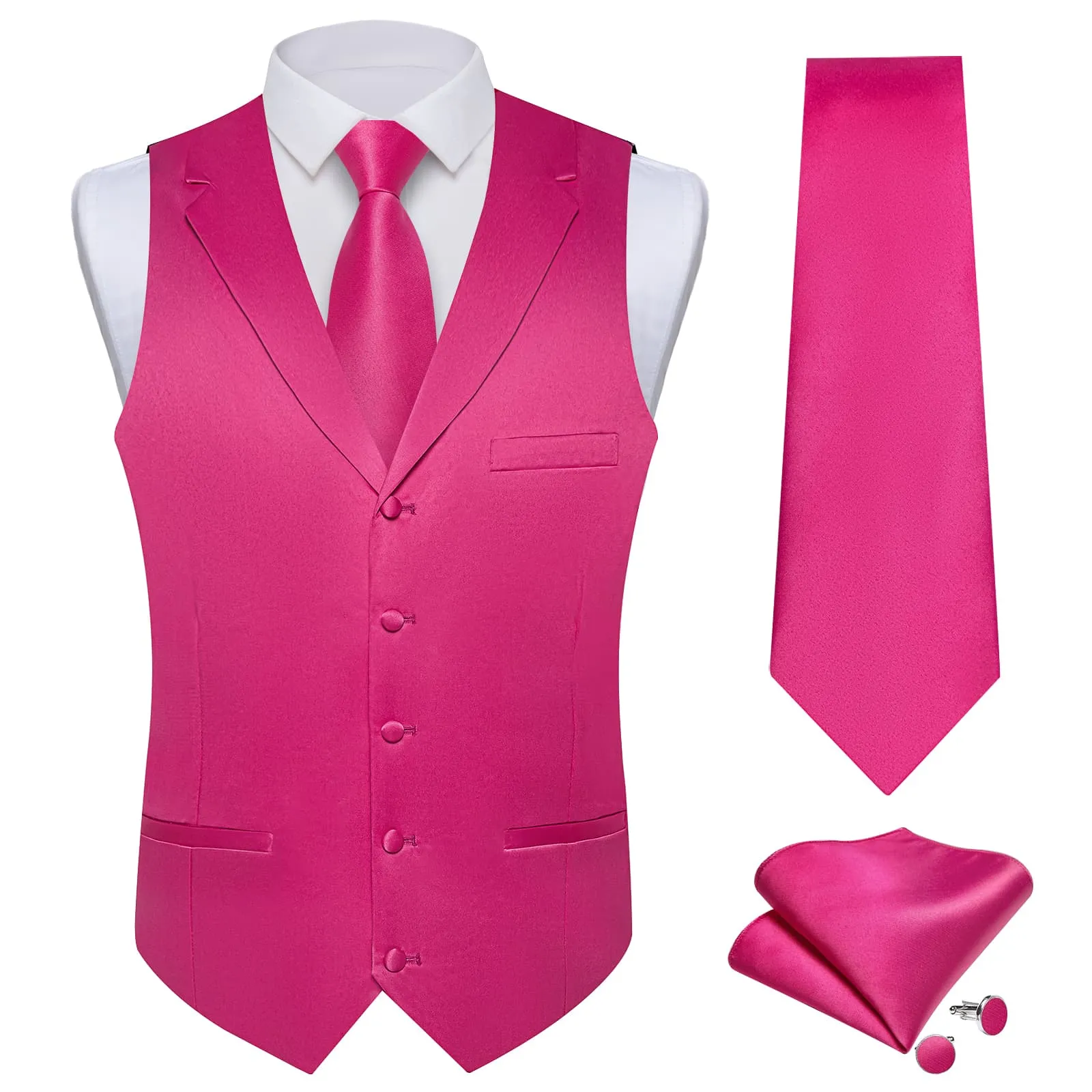 DiBanGu Tuxedo Waistcoat Bright Pink Solid Notched Collar Mens Business Casual Vest