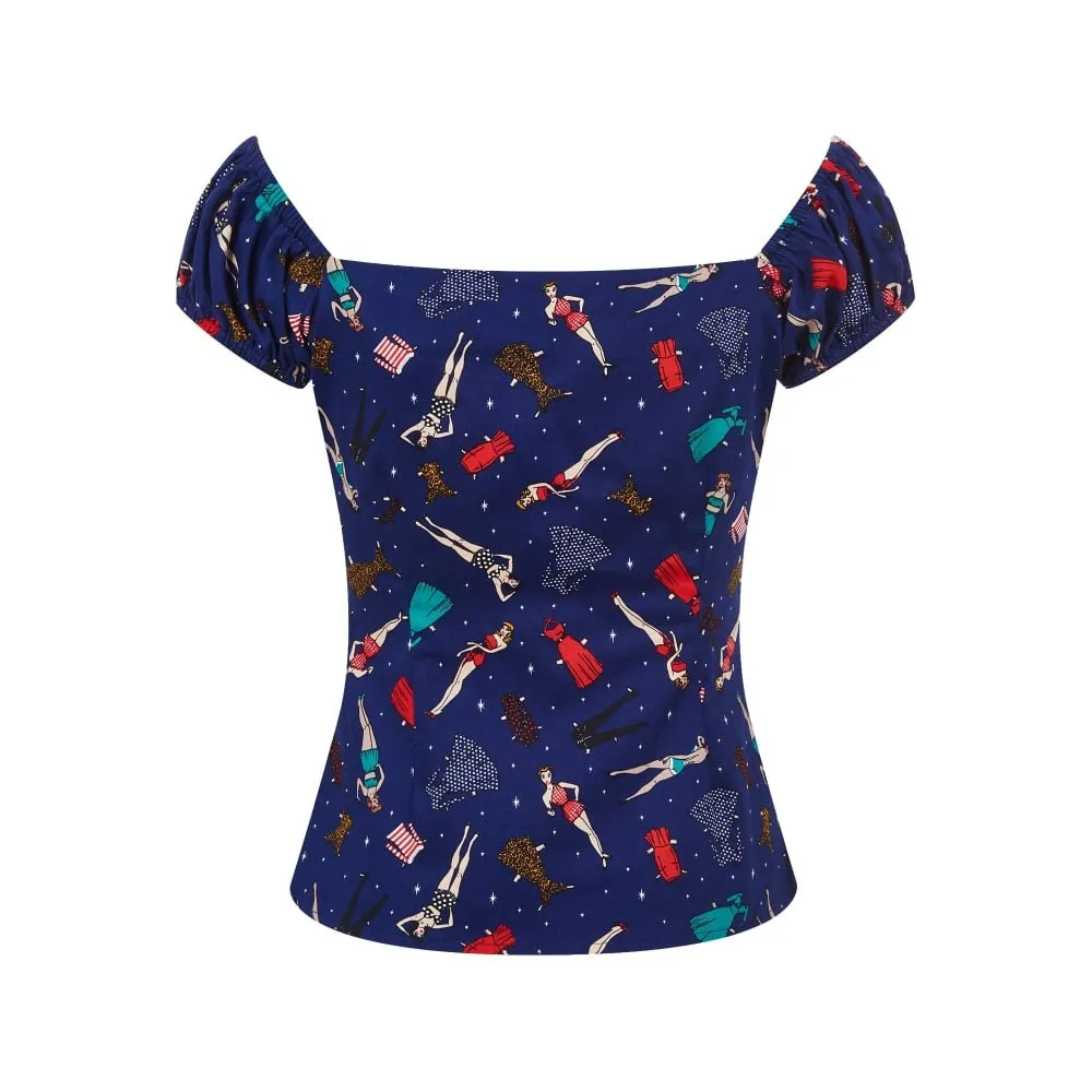 Dolores Top in Paper Pinup Doll Print (XS ONLY)