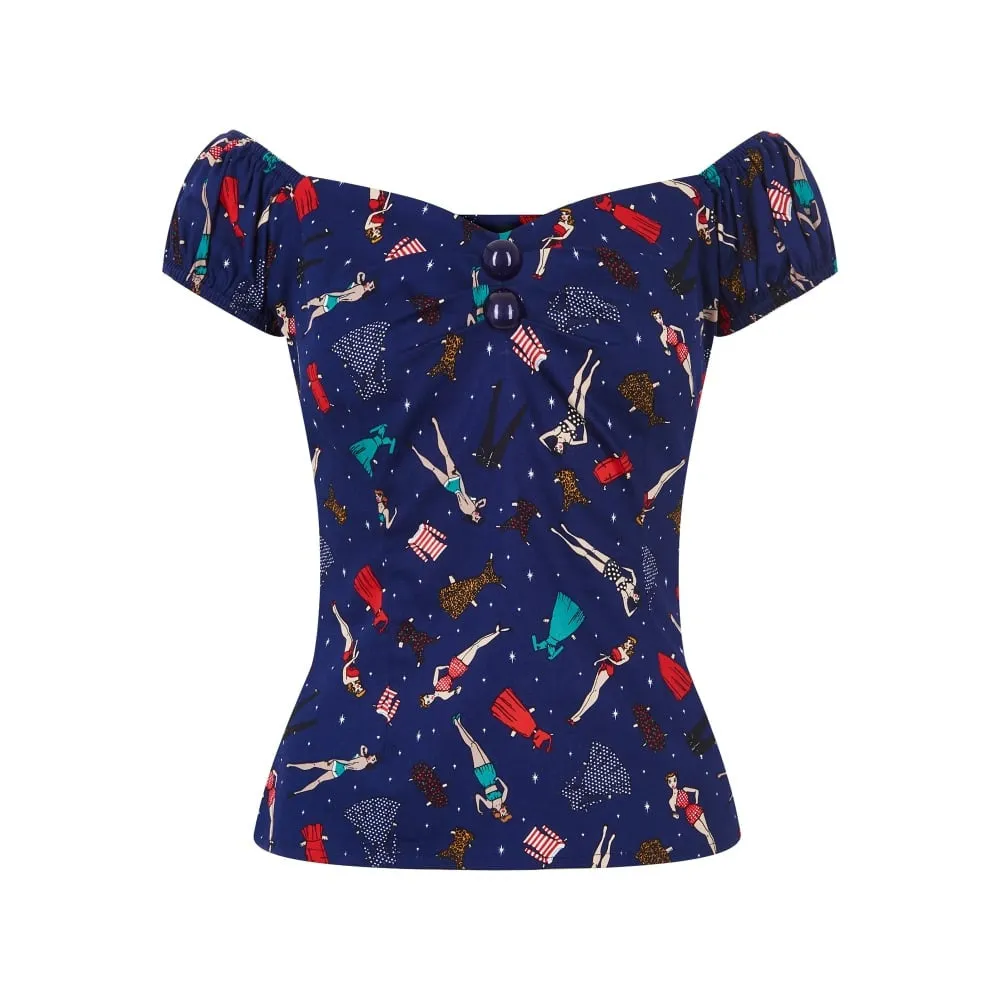 Dolores Top in Paper Pinup Doll Print (XS ONLY)