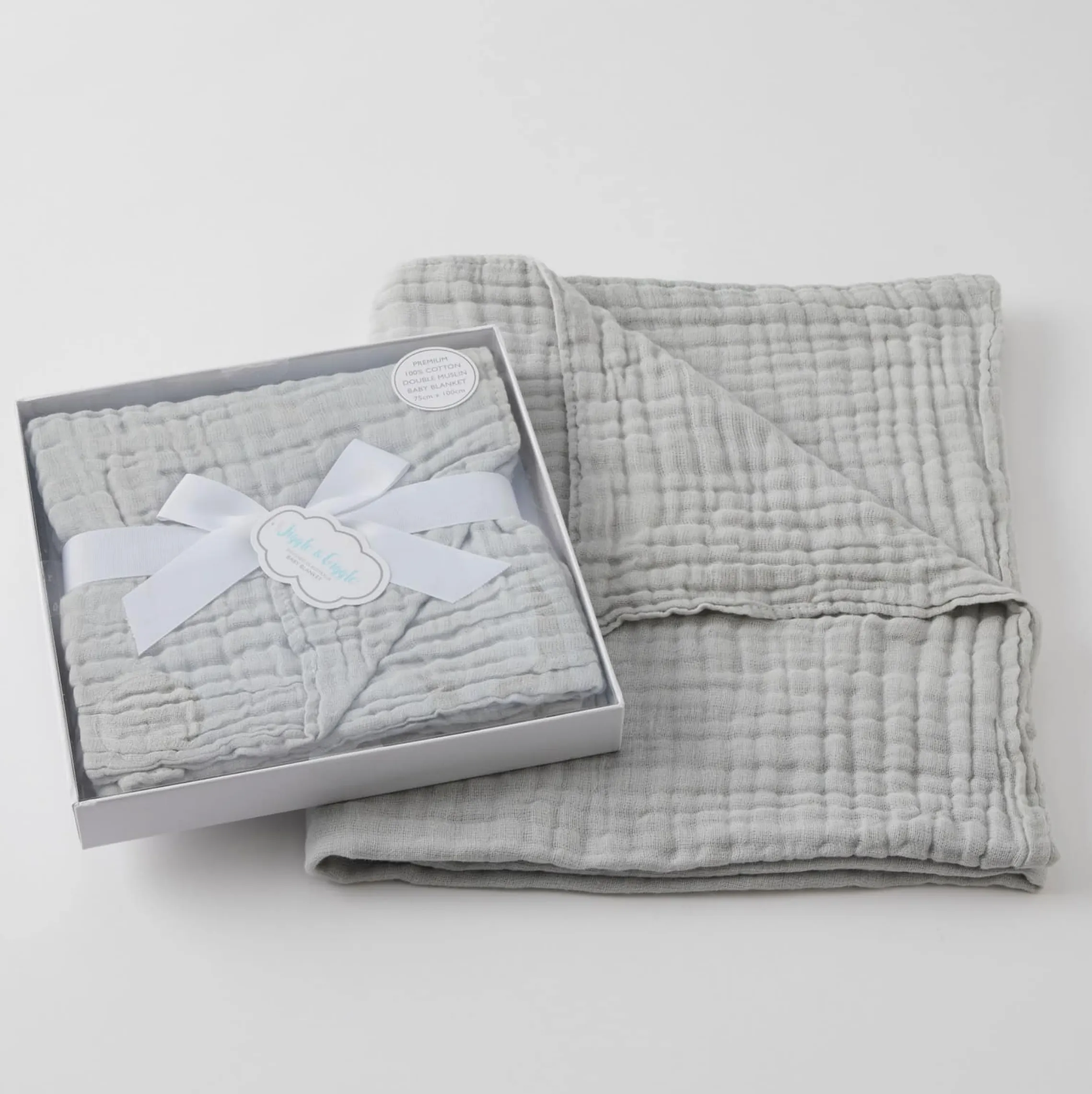 Double Muslin Cotton Baby Blanket Wrap in Grey, Sage or Peach