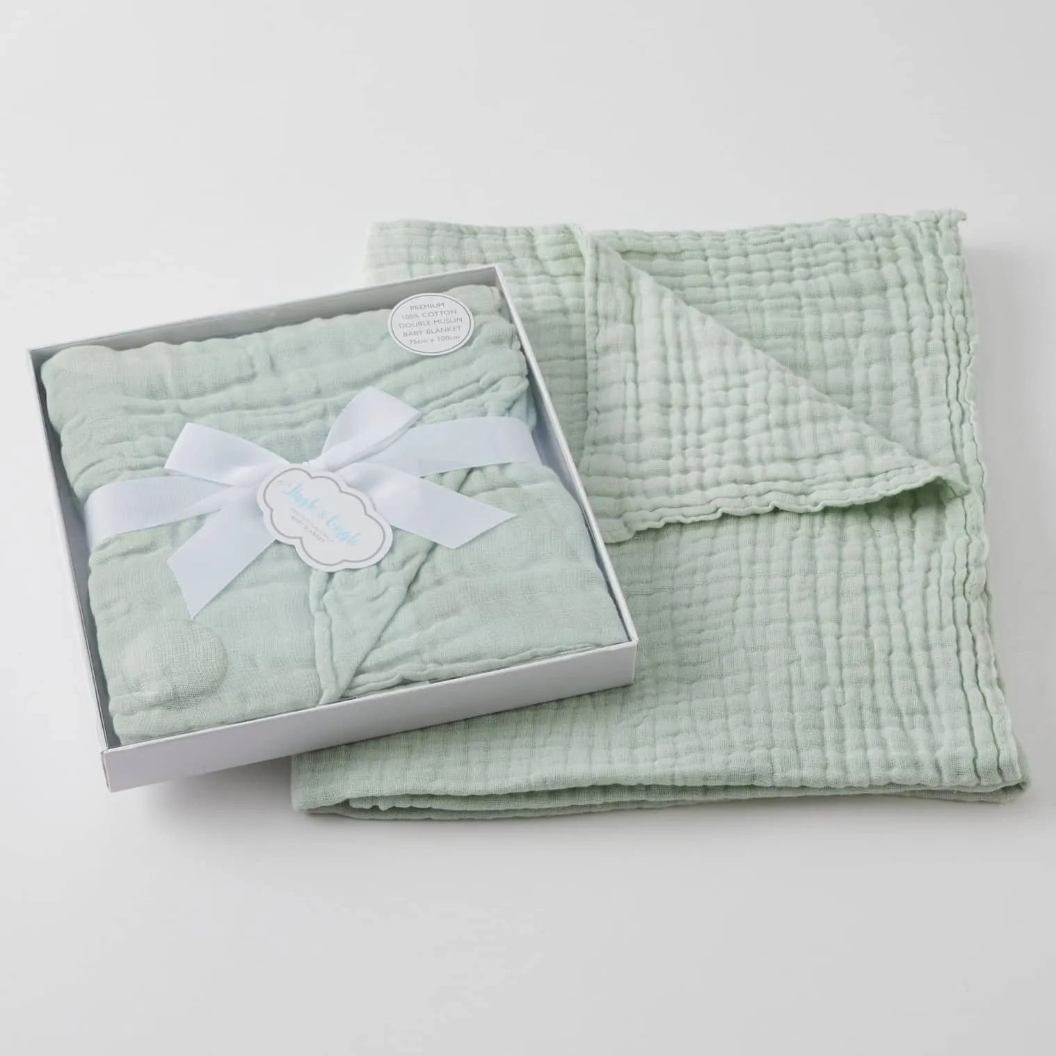 Double Muslin Cotton Baby Blanket Wrap in Grey, Sage or Peach