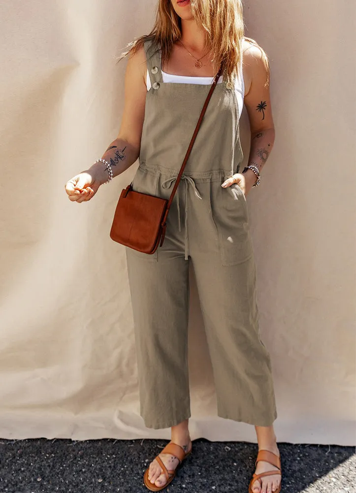 Drawstring Buttoned Straps Cropped Overall in Green by Shewin