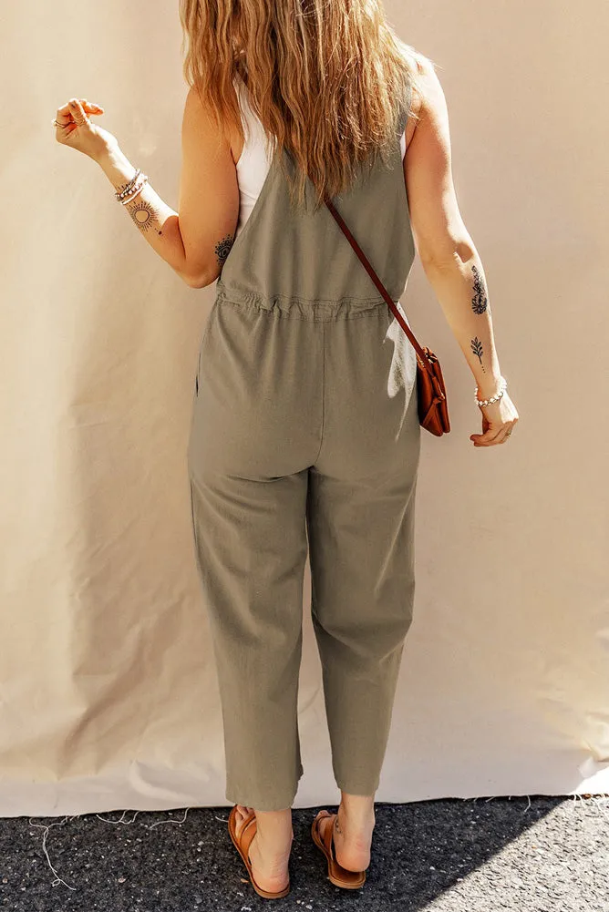 Drawstring Buttoned Straps Cropped Overall in Green by Shewin