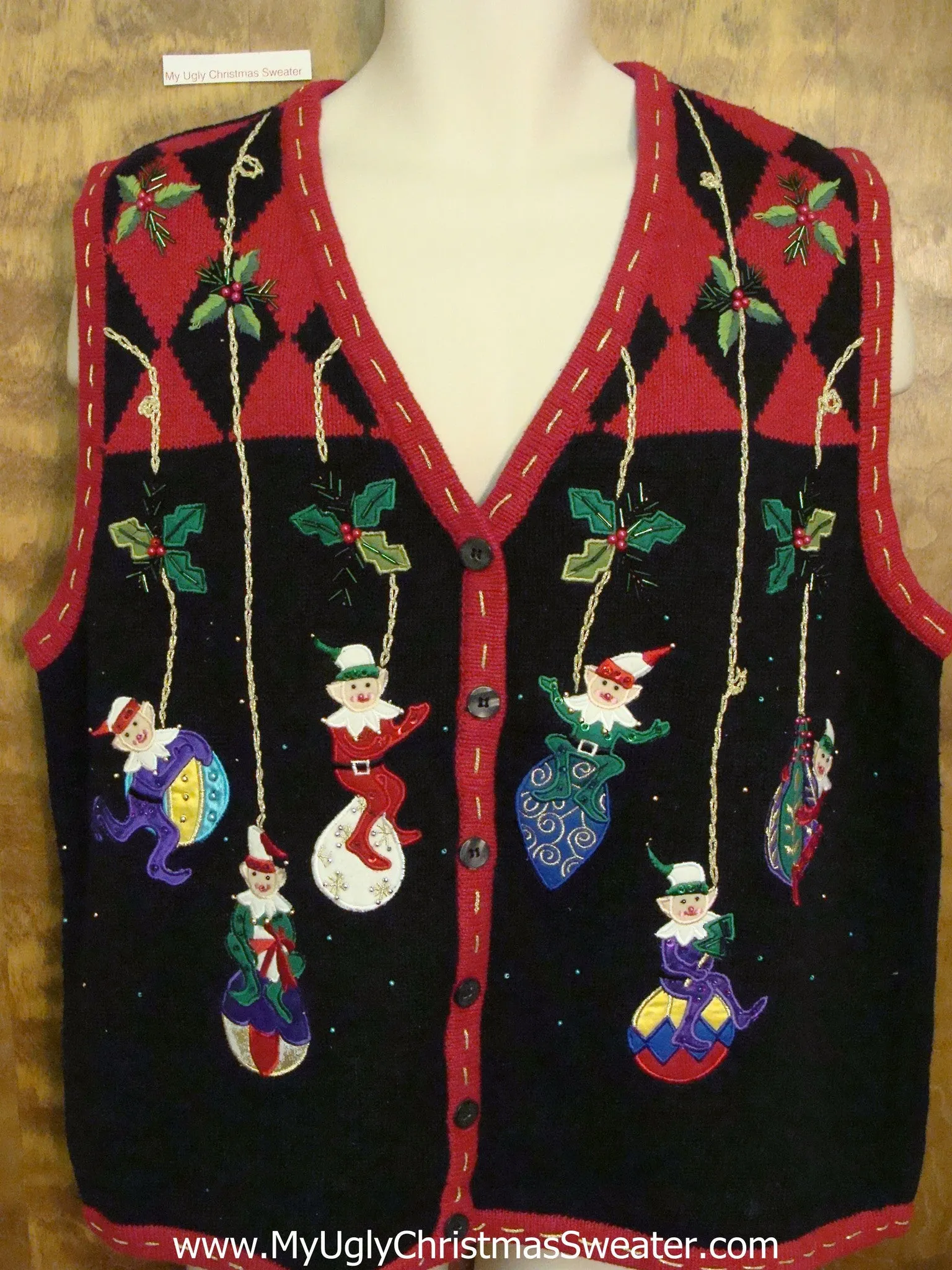 Elves and Ornaments Corny Christmas Sweater Vest