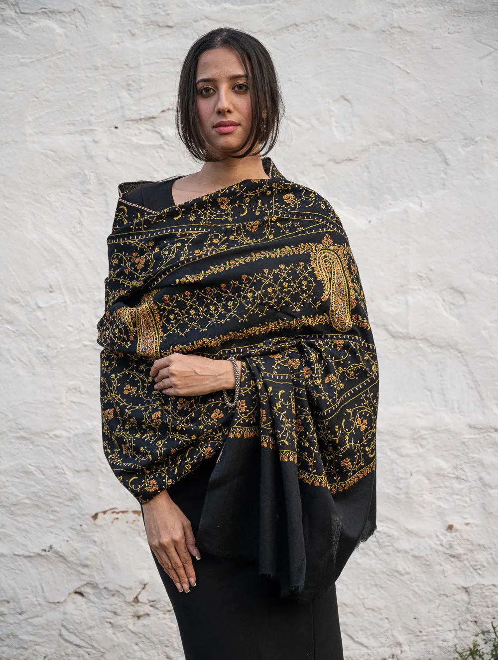 Exclusive, Fine Hand Embroidered Kashmiri Shawl - Black Paisley