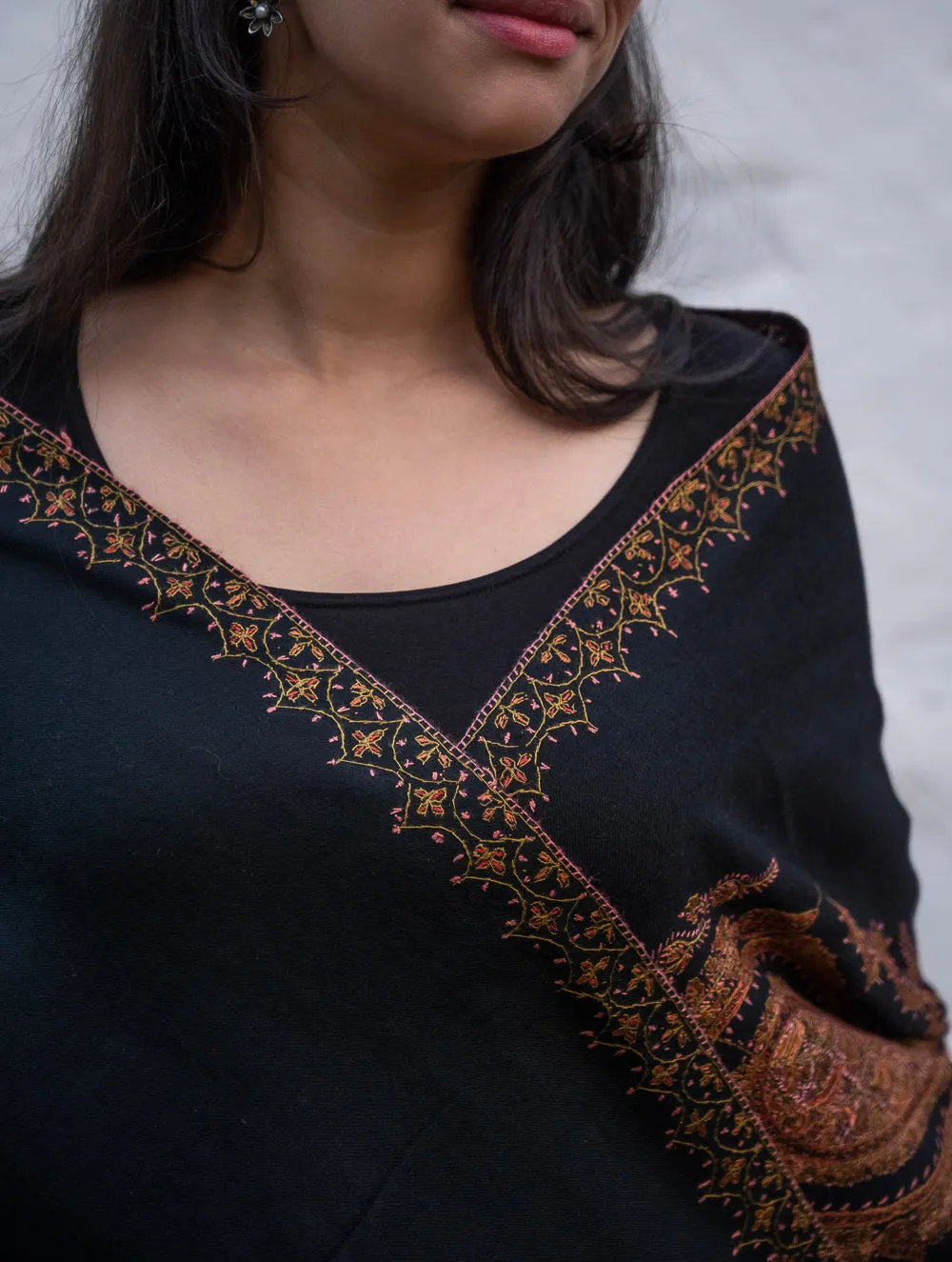 Exclusive, Fine Hand Embroidered Kashmiri Shawl - Black Paisleys