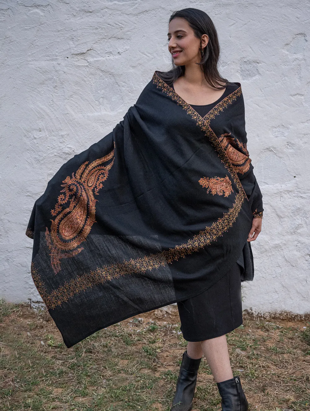 Exclusive, Fine Hand Embroidered Kashmiri Shawl - Black Paisleys