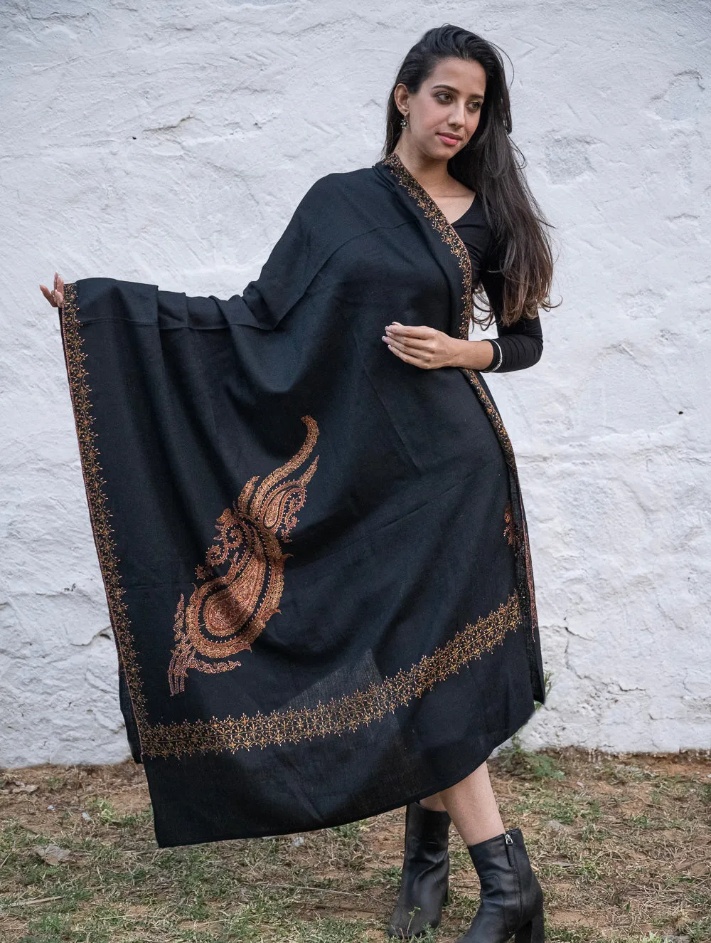 Exclusive, Fine Hand Embroidered Kashmiri Shawl - Black Paisleys