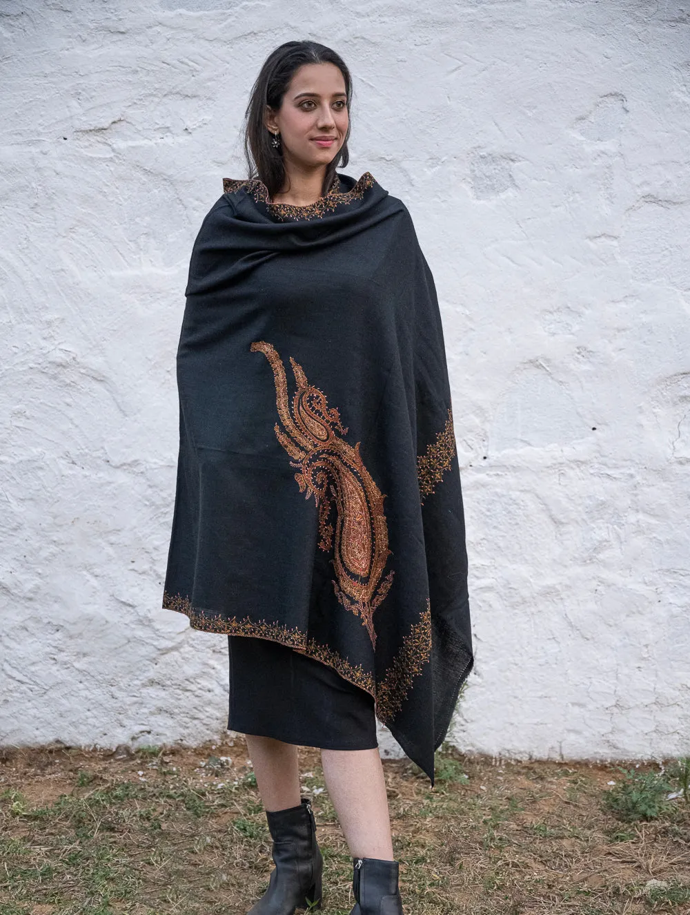 Exclusive, Fine Hand Embroidered Kashmiri Shawl - Black Paisleys