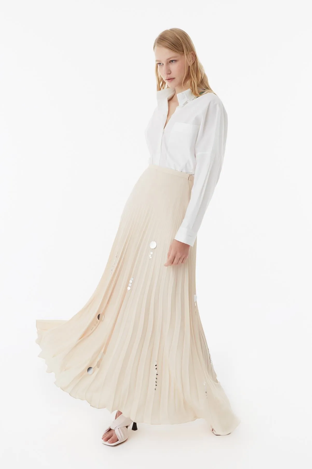 Exquise Sequin Embroidered Detailed Pleated Maxi Skirt Beige