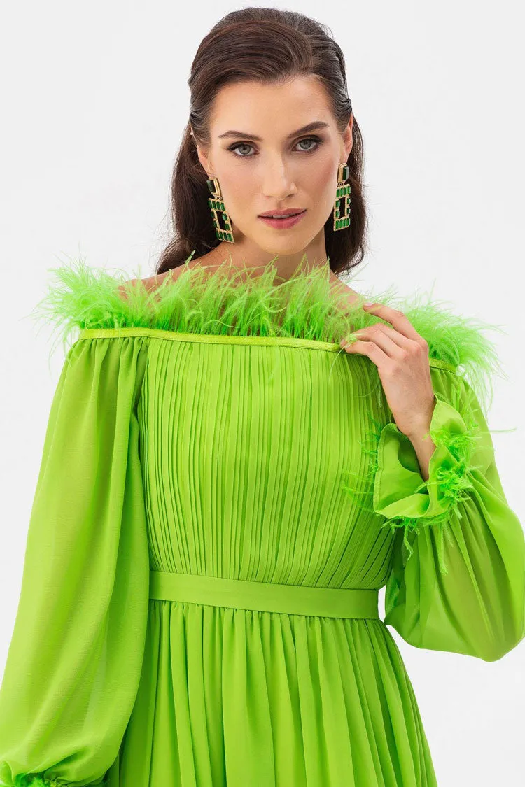 Fairytale Feather Trim Off Shoulder Pleated Chiffon Evening Maxi Dress - Green