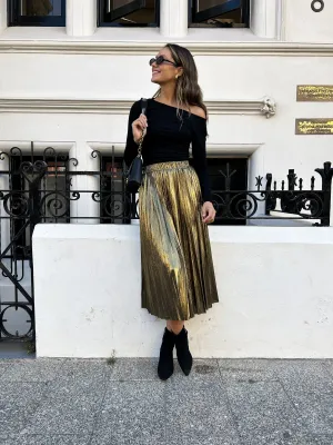 FARRAH Metallic Pleated Skirt - Vintage Gold