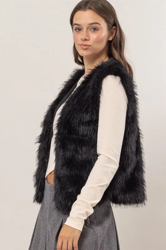 Faux Fur Open Vest - Black