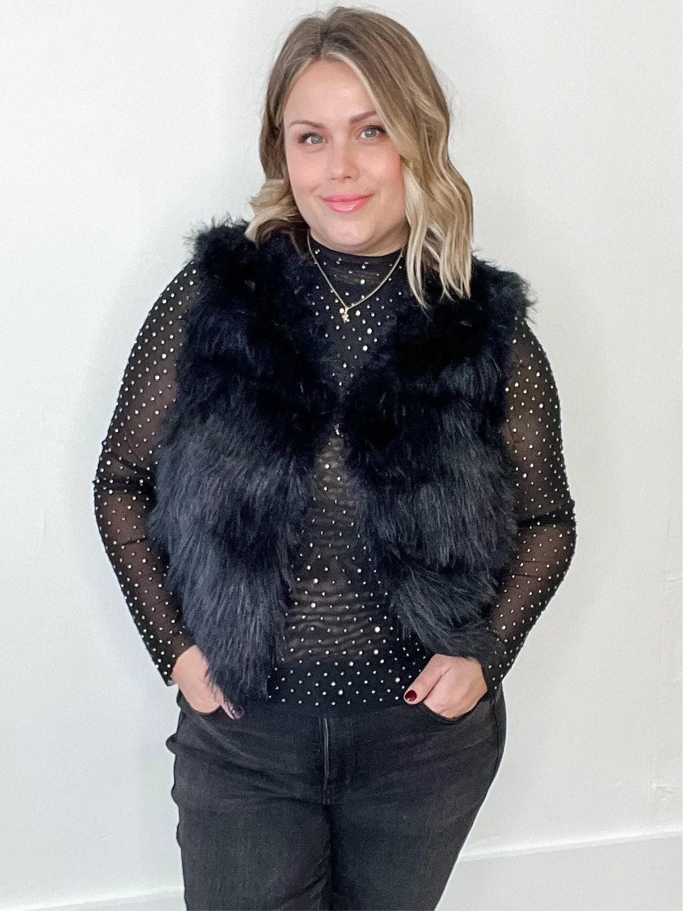 Faux Fur Open Vest - Black