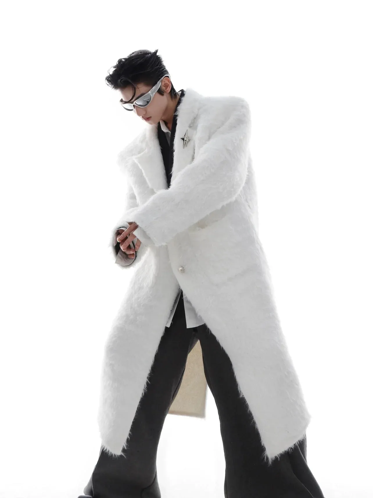 Faux Mink Fur Padded Shoulder Overcoat | Luxurious Longline White Trench