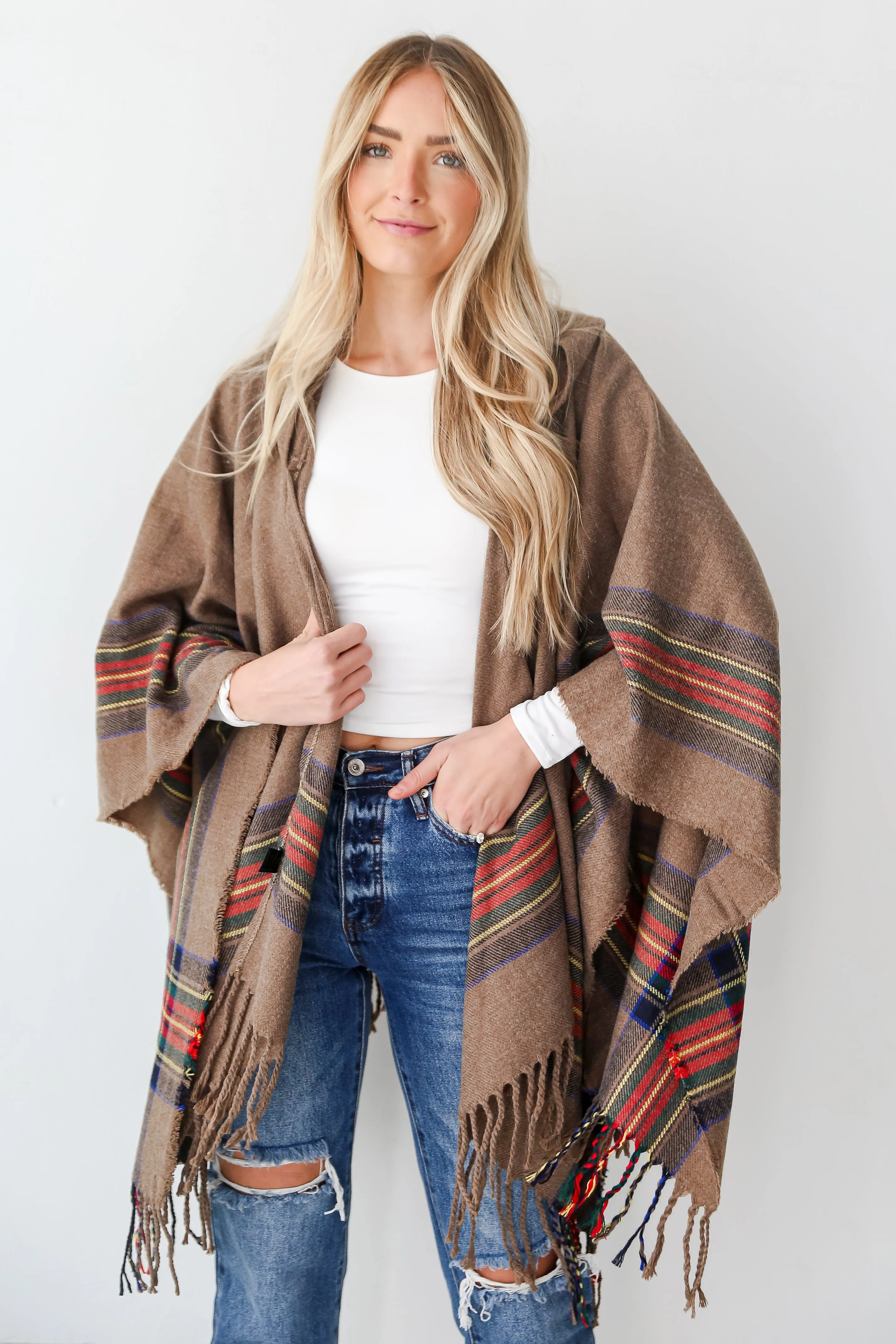 FINAL SALE - Along For The Ride Brown Plaid Fringe Hooded Shawl