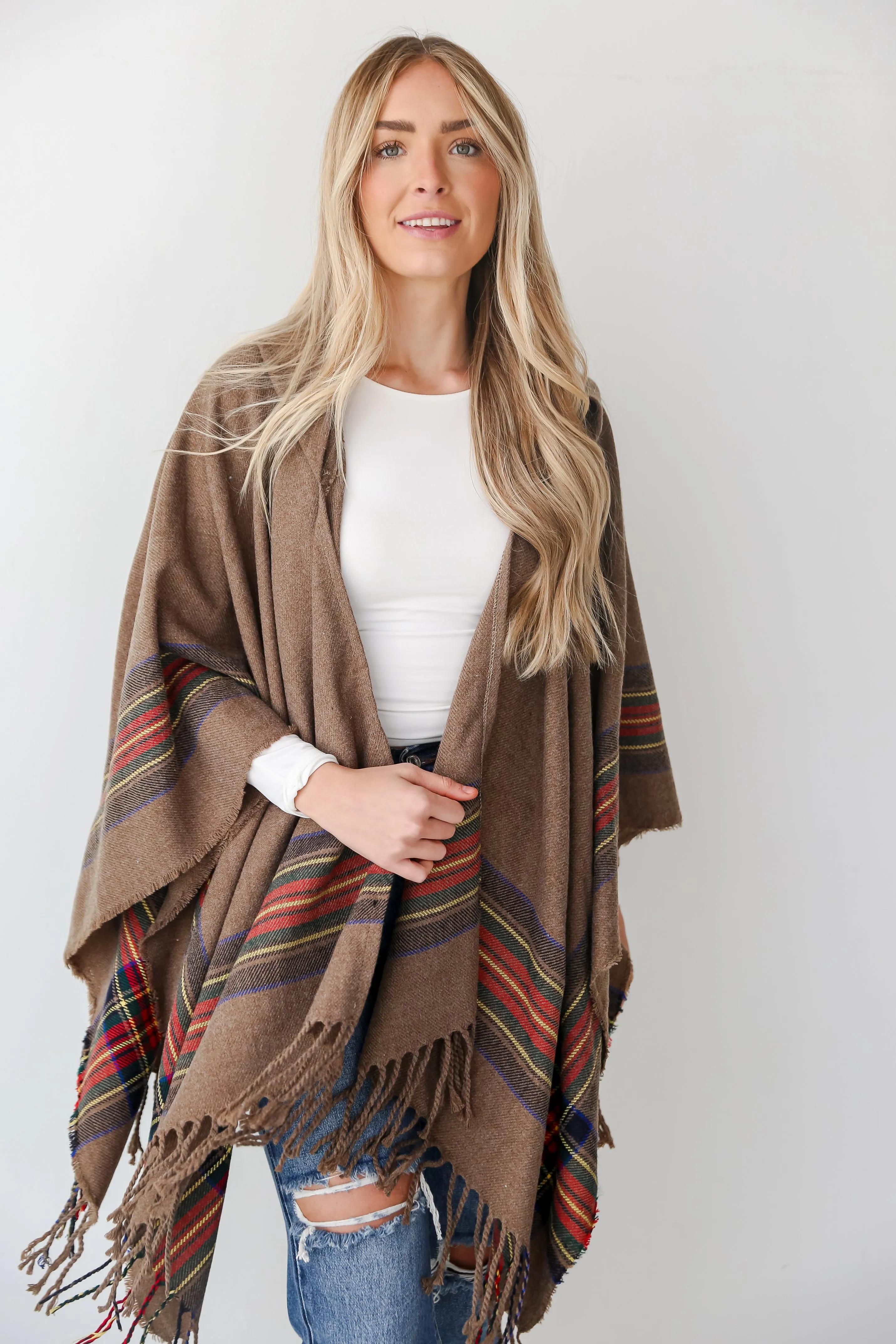 FINAL SALE - Along For The Ride Brown Plaid Fringe Hooded Shawl