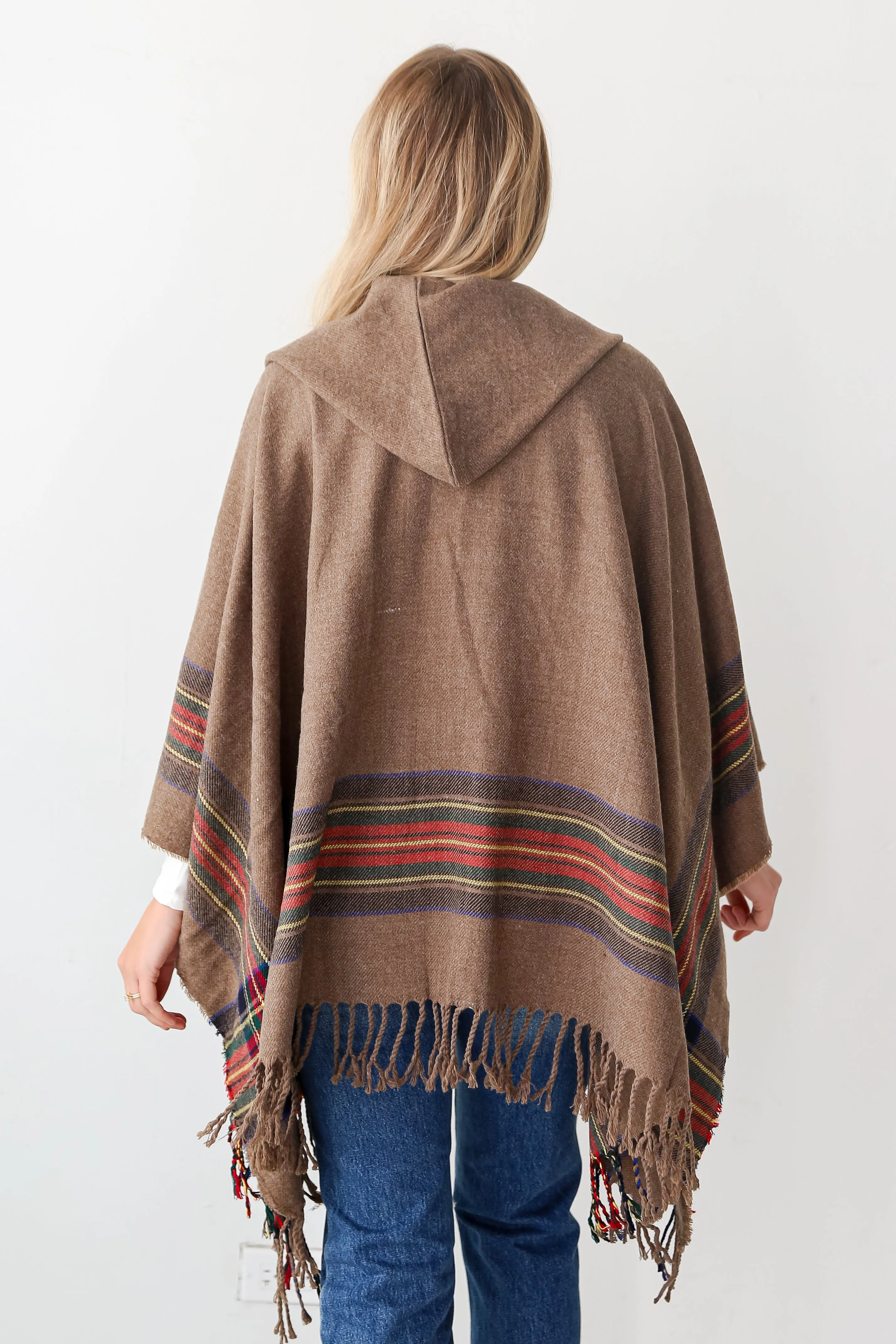 FINAL SALE - Along For The Ride Brown Plaid Fringe Hooded Shawl