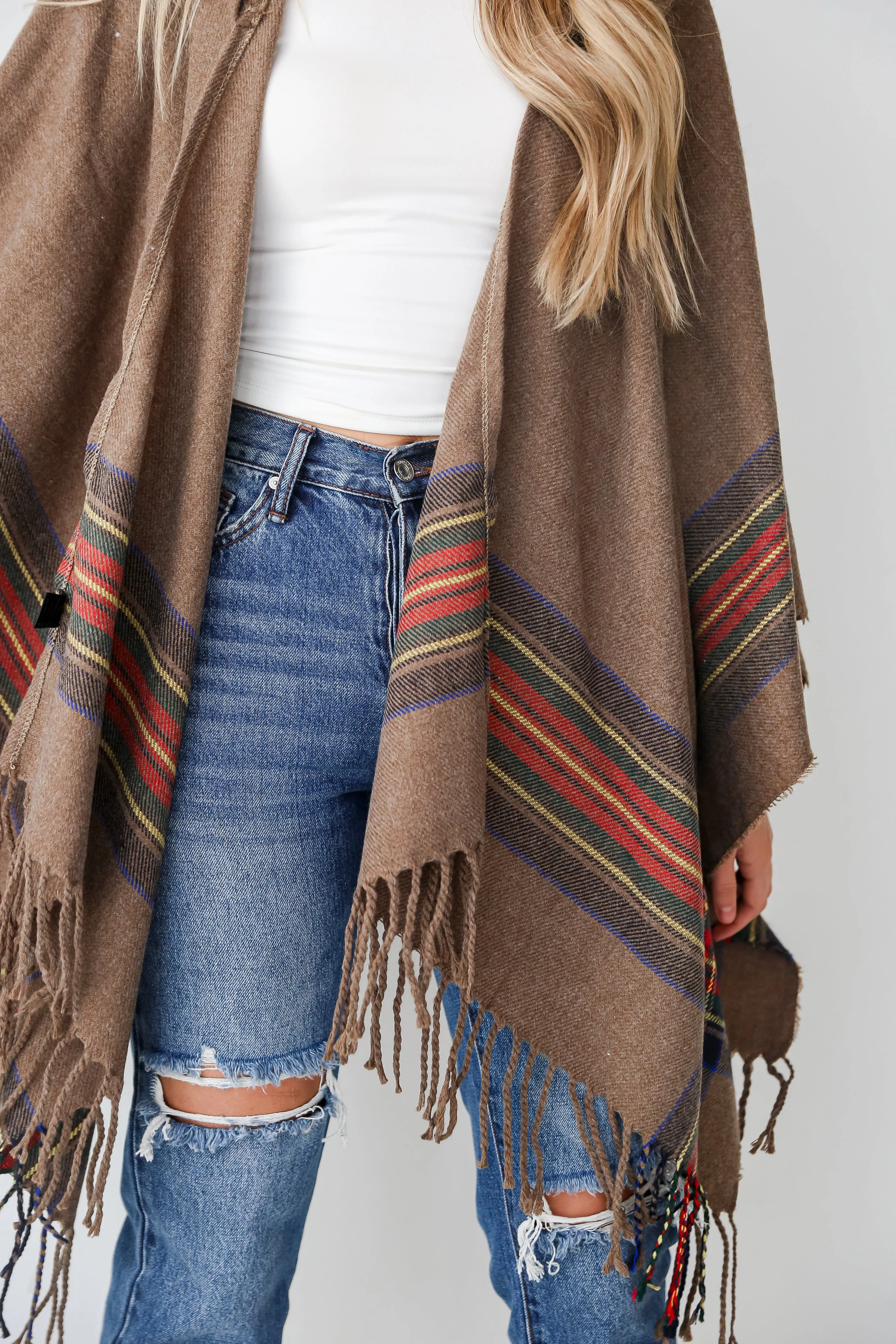 FINAL SALE - Along For The Ride Brown Plaid Fringe Hooded Shawl